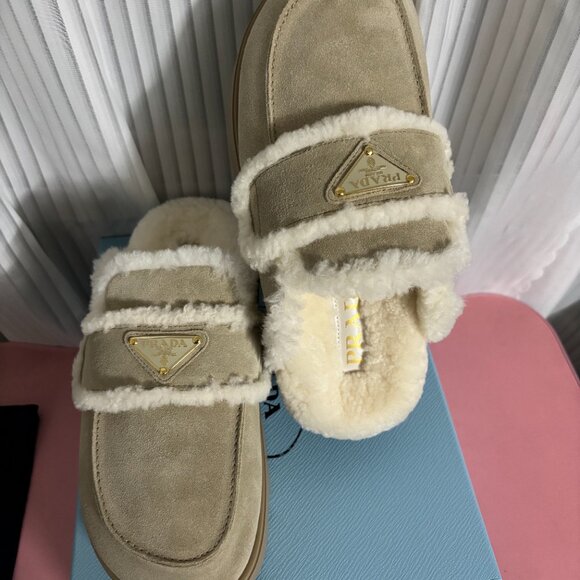 Prada Beige Suede Shearling Mules Size 39 - Picture 6 of 7